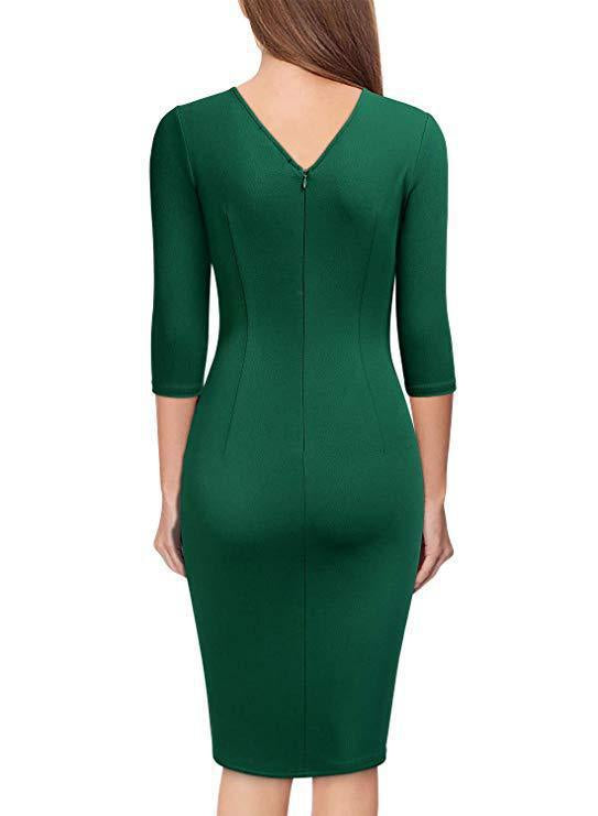 Women’s 3/4 Sleeve V-Neck Wrap Formal Midi Dress with Belt