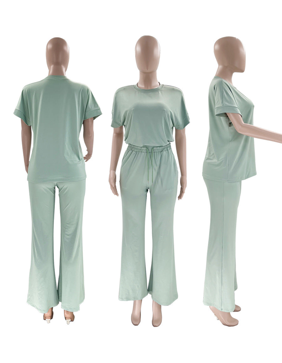 Women's Round Neck Short Sleeve Top with Wide Leg Pants Set