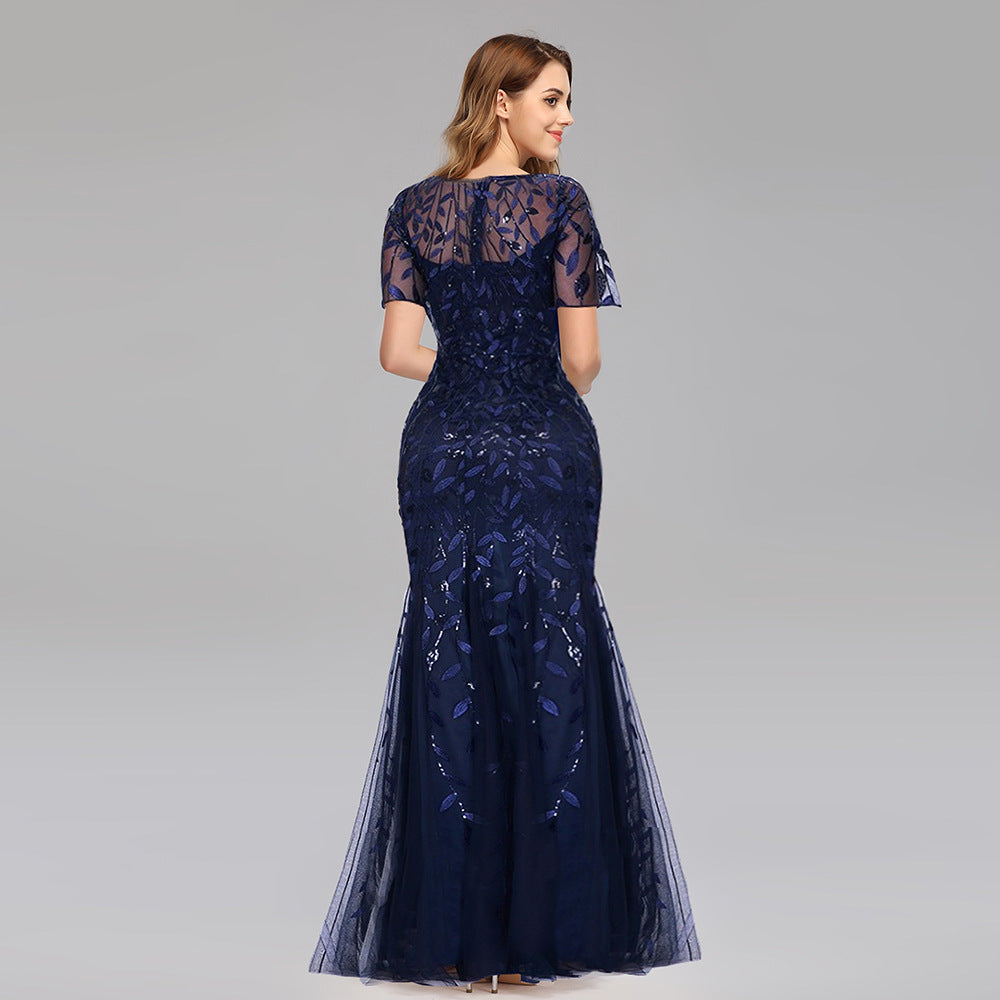 Women’s Elegant Short Sleeve Evening Gown with Chiffon and Lace Overlay