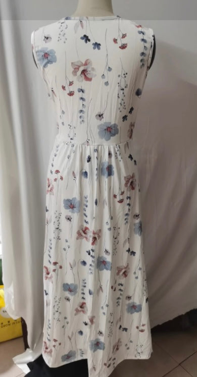 Women's V-Neck High Waist Sleeveless Floral Midi Dress