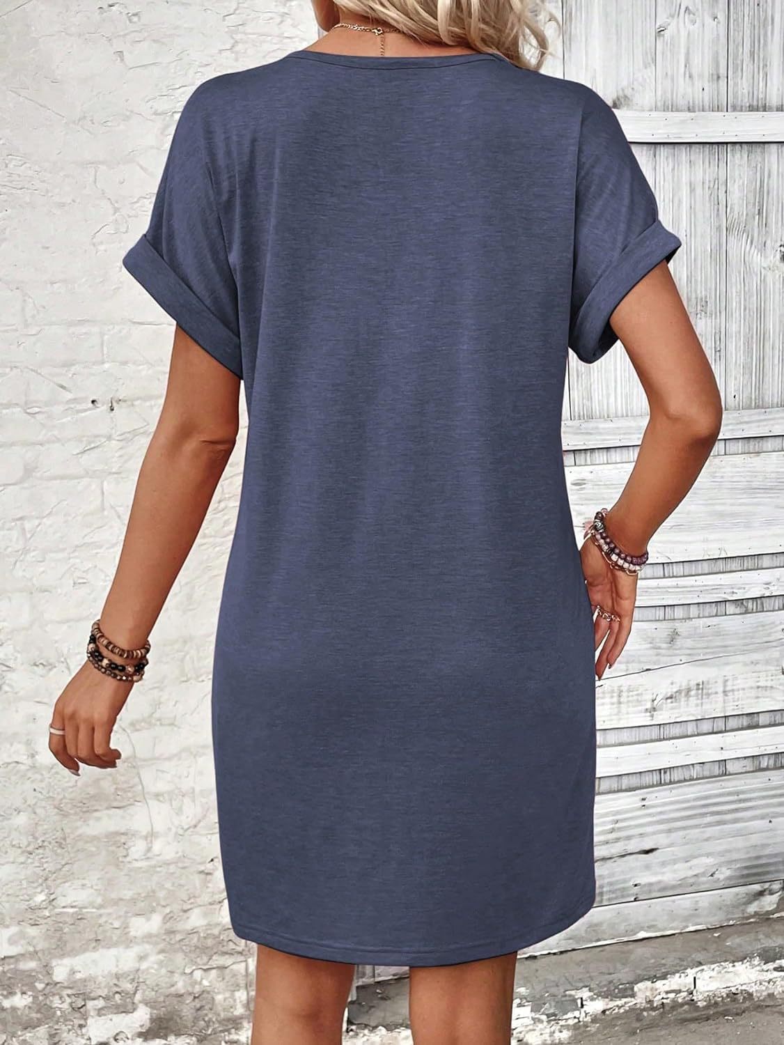 Women's Solid Colour Short Sleeve V-Neck Shirt Dress