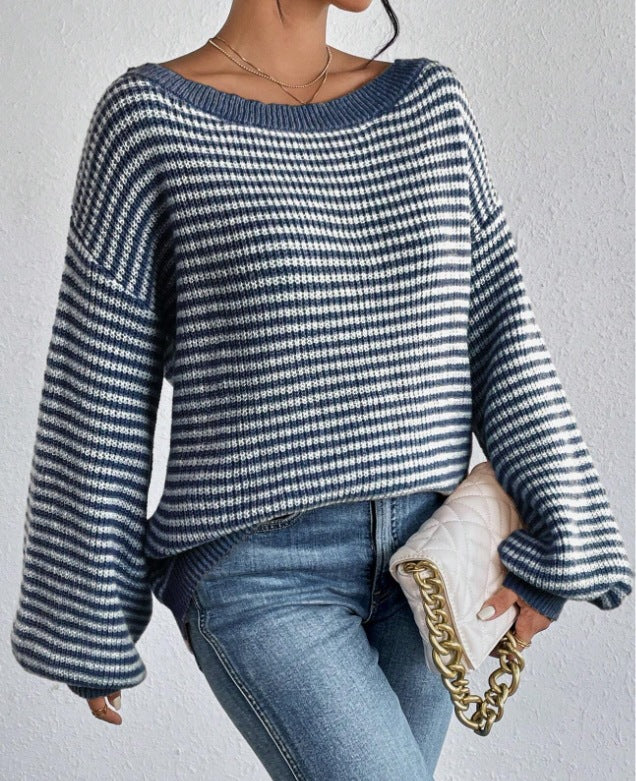 Women's Boat Neck Long Sleeve Striped Sweater