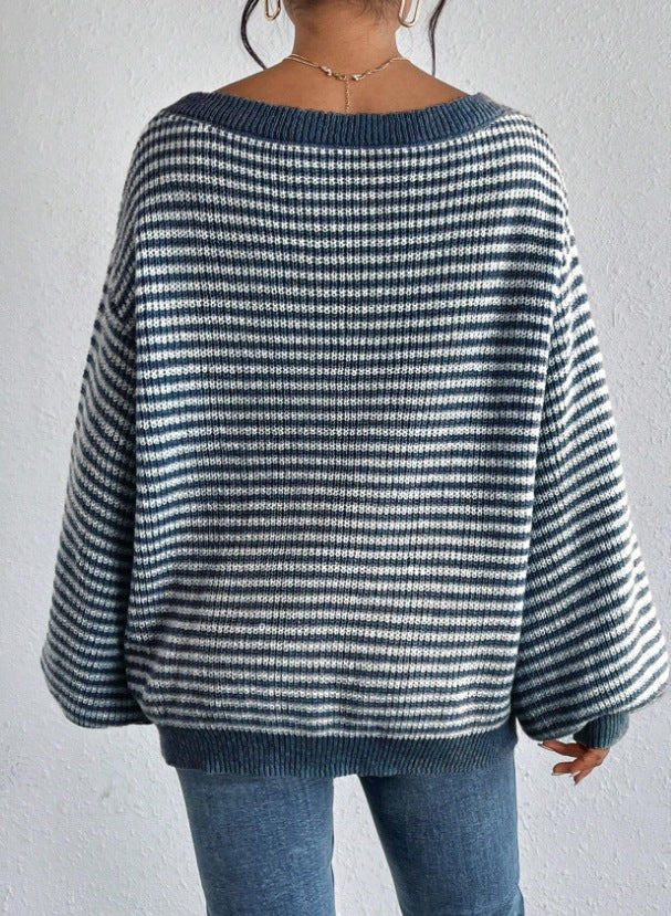 Women's Boat Neck Long Sleeve Striped Sweater