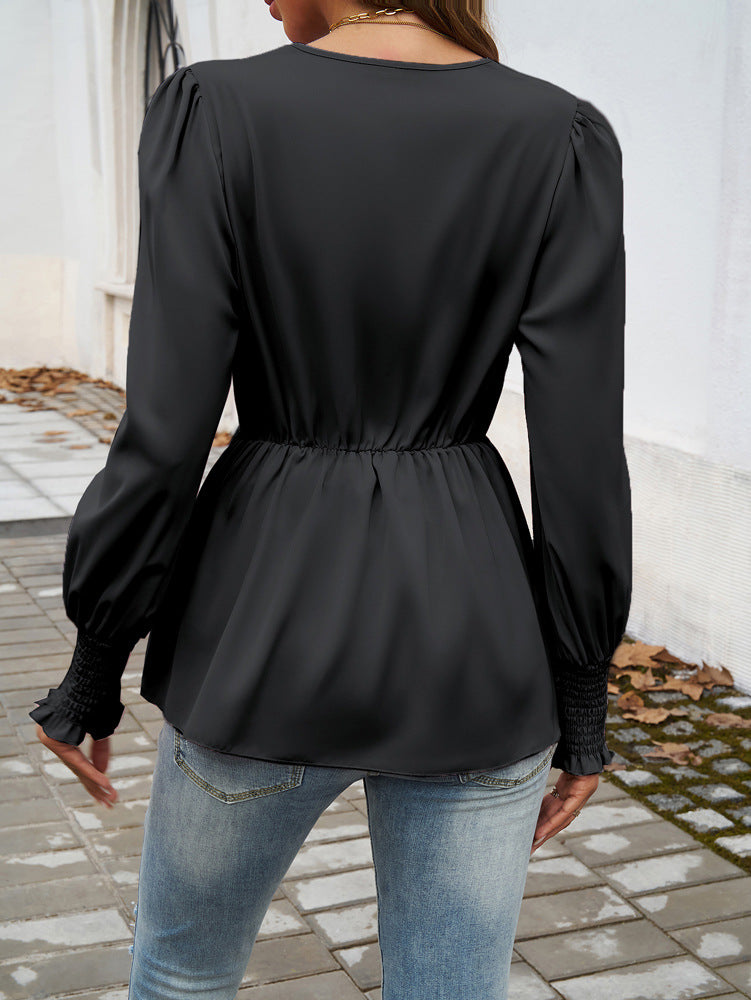 Women’s V-Neck Cuffed Long Sleeve Blouse with Waist Tie