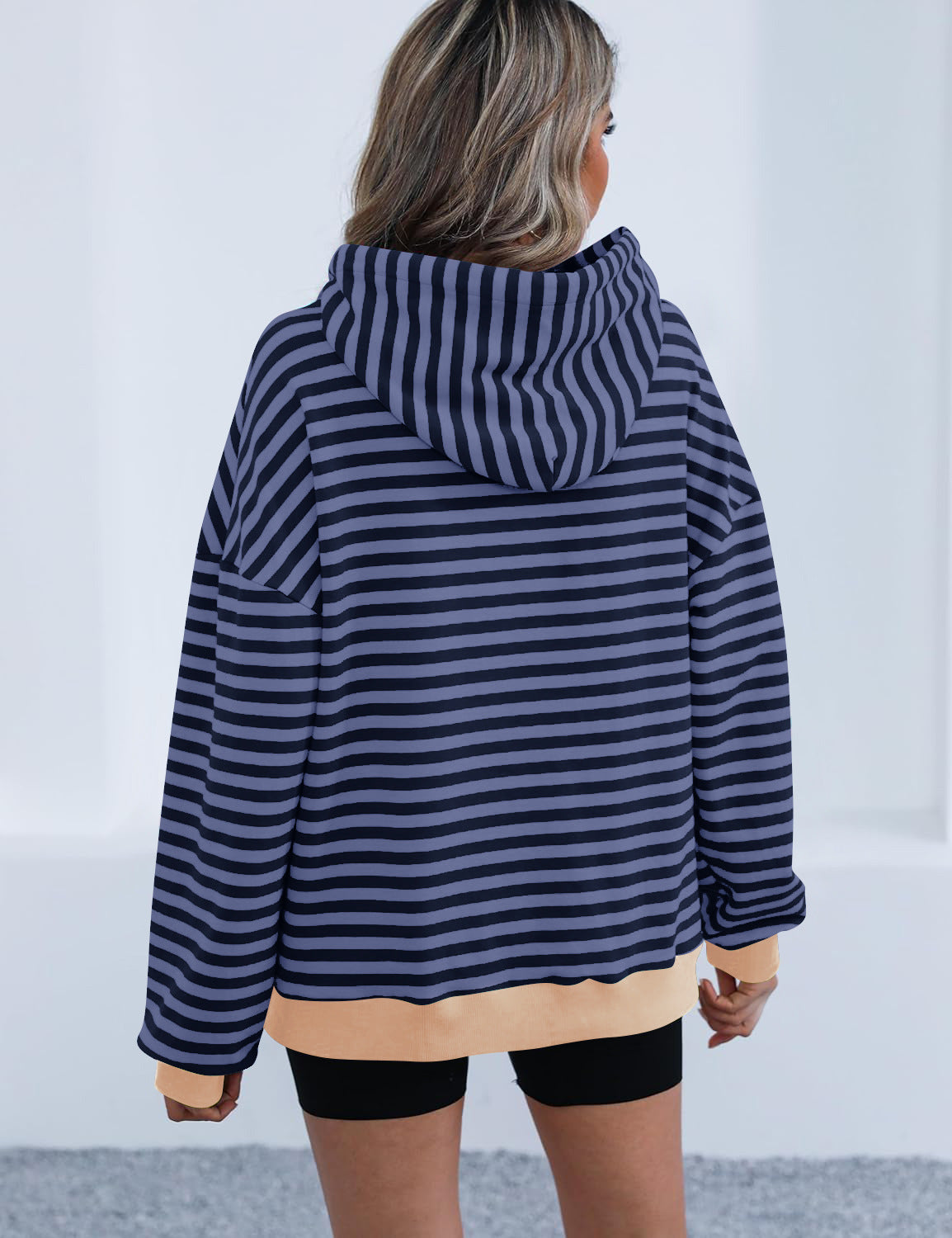 Women's Long Sleeve Striped Hoodie with Kangaroo Pocket