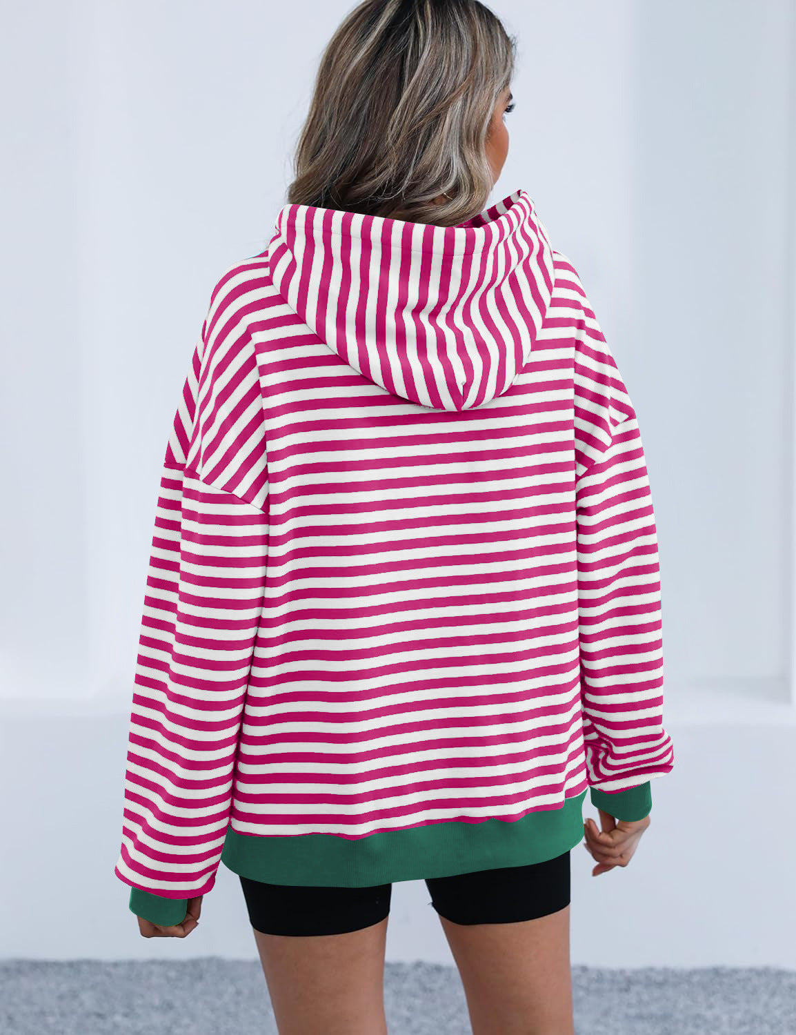 Women's Long Sleeve Striped Hoodie with Kangaroo Pocket