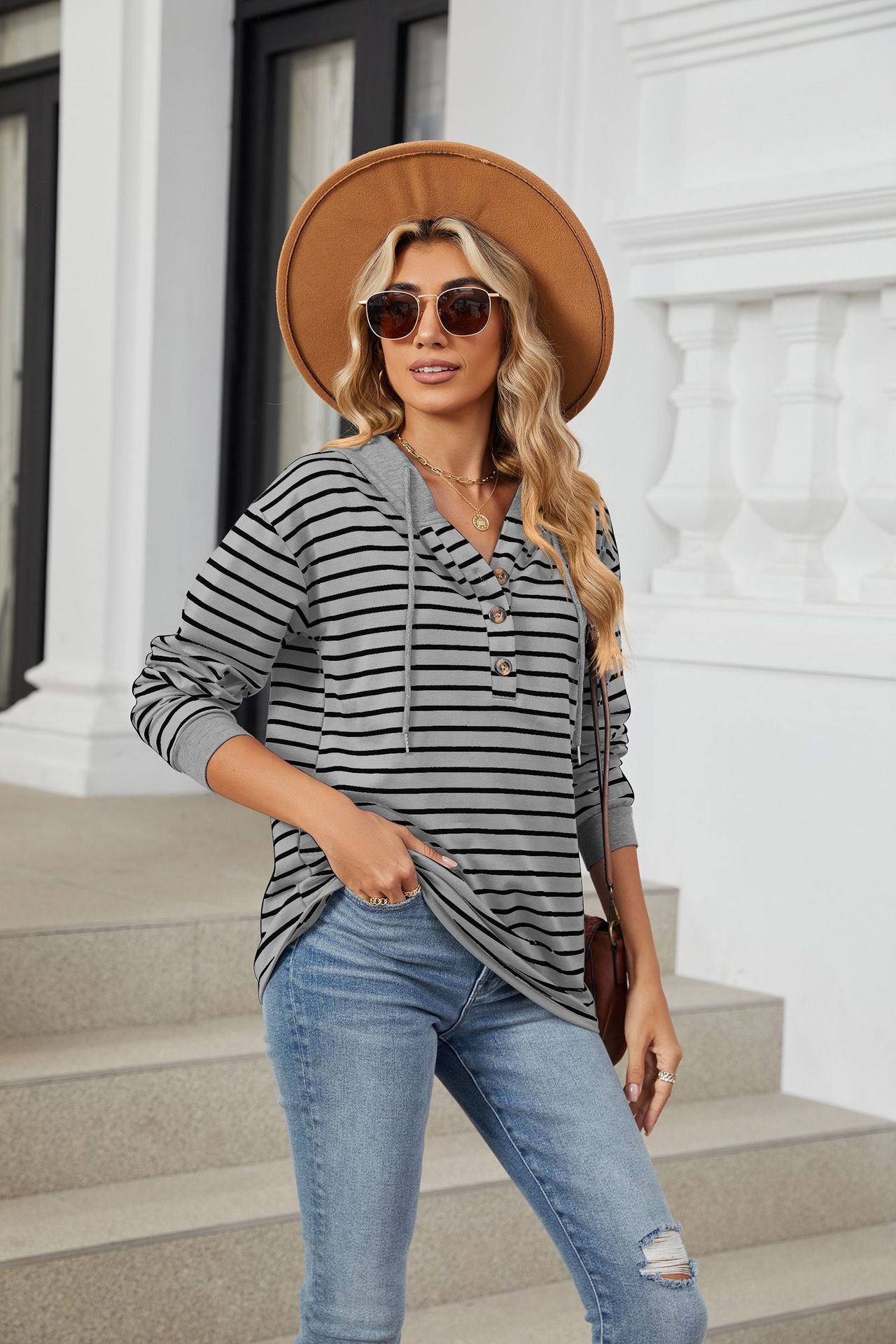 Women’s Striped Hooded Long Sleeve Shirt