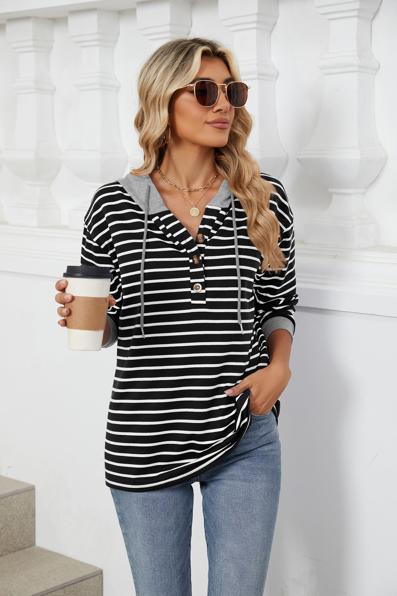 Women’s Striped Hooded Long Sleeve Shirt