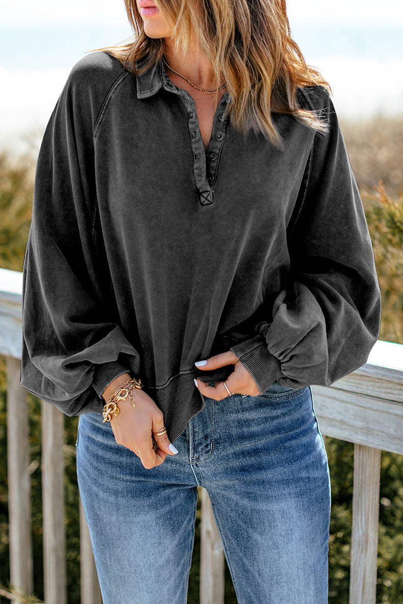 Women’s Loose Fit V-Neck Button Collar Sweatshirt