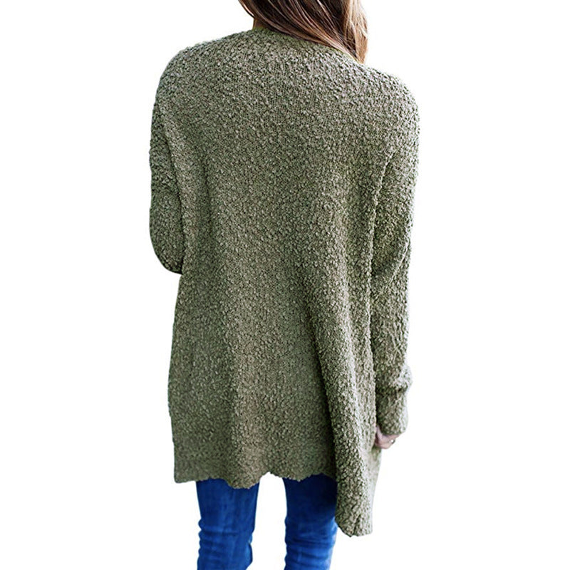 Women’s Solid Color Fleece Mid-Length Cardigan