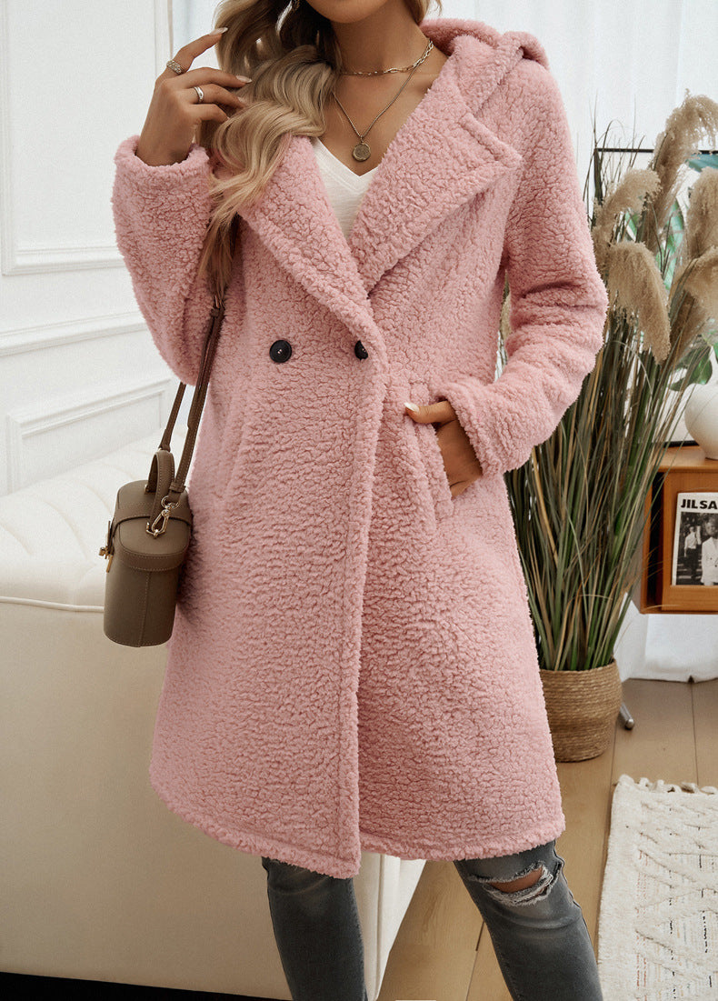 Plush Hooded Knee-Length Women’s Coat with Pockets