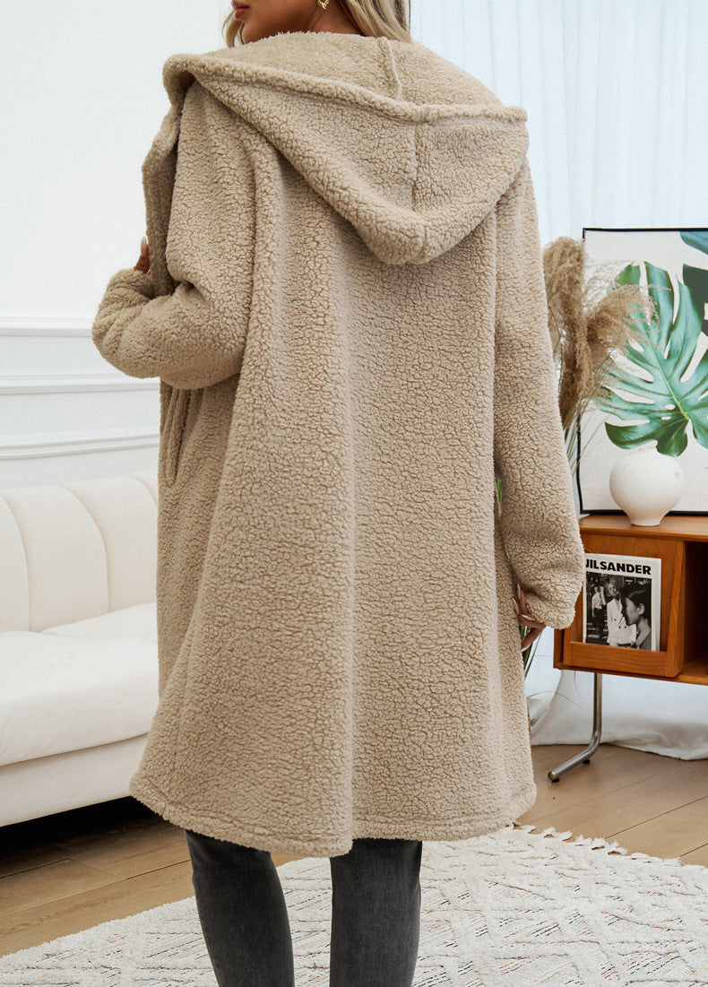 Plush Hooded Knee-Length Women’s Coat with Pockets