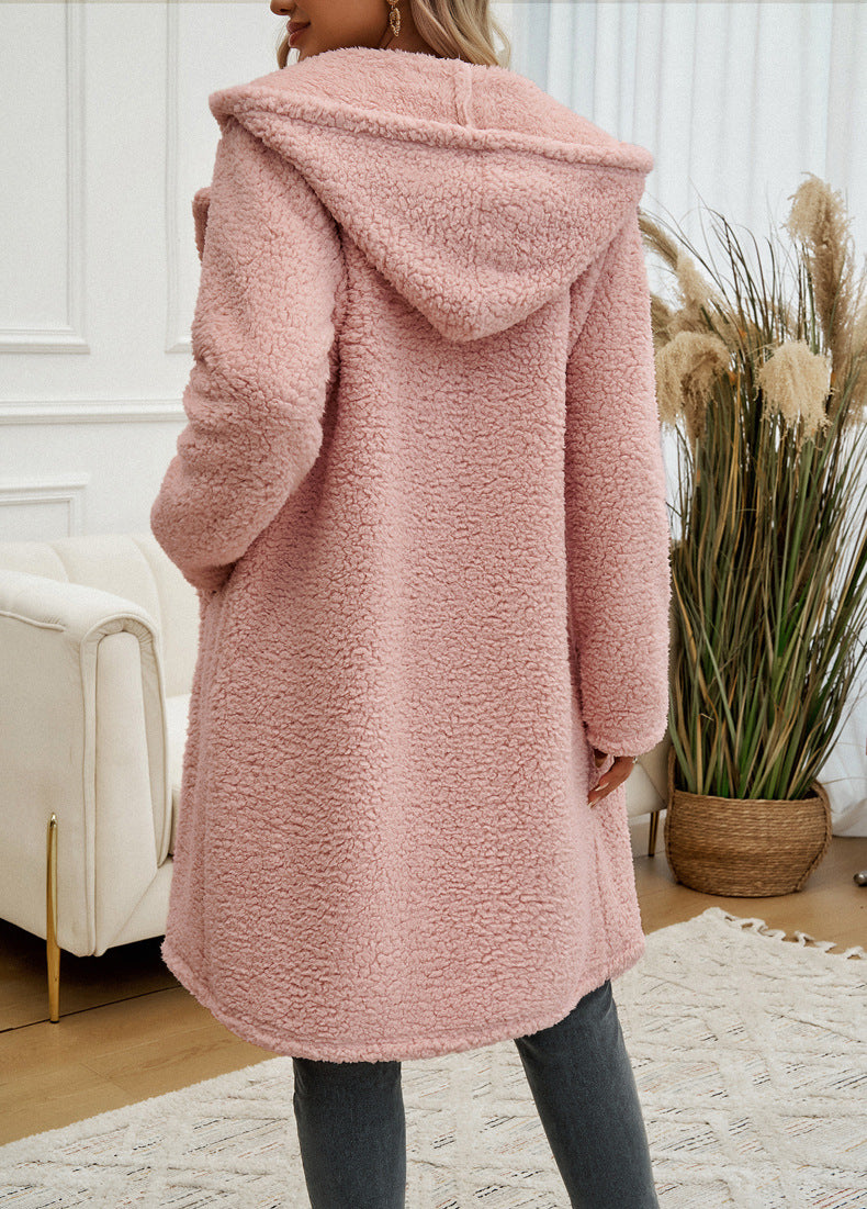 Plush Hooded Knee-Length Women’s Coat with Pockets