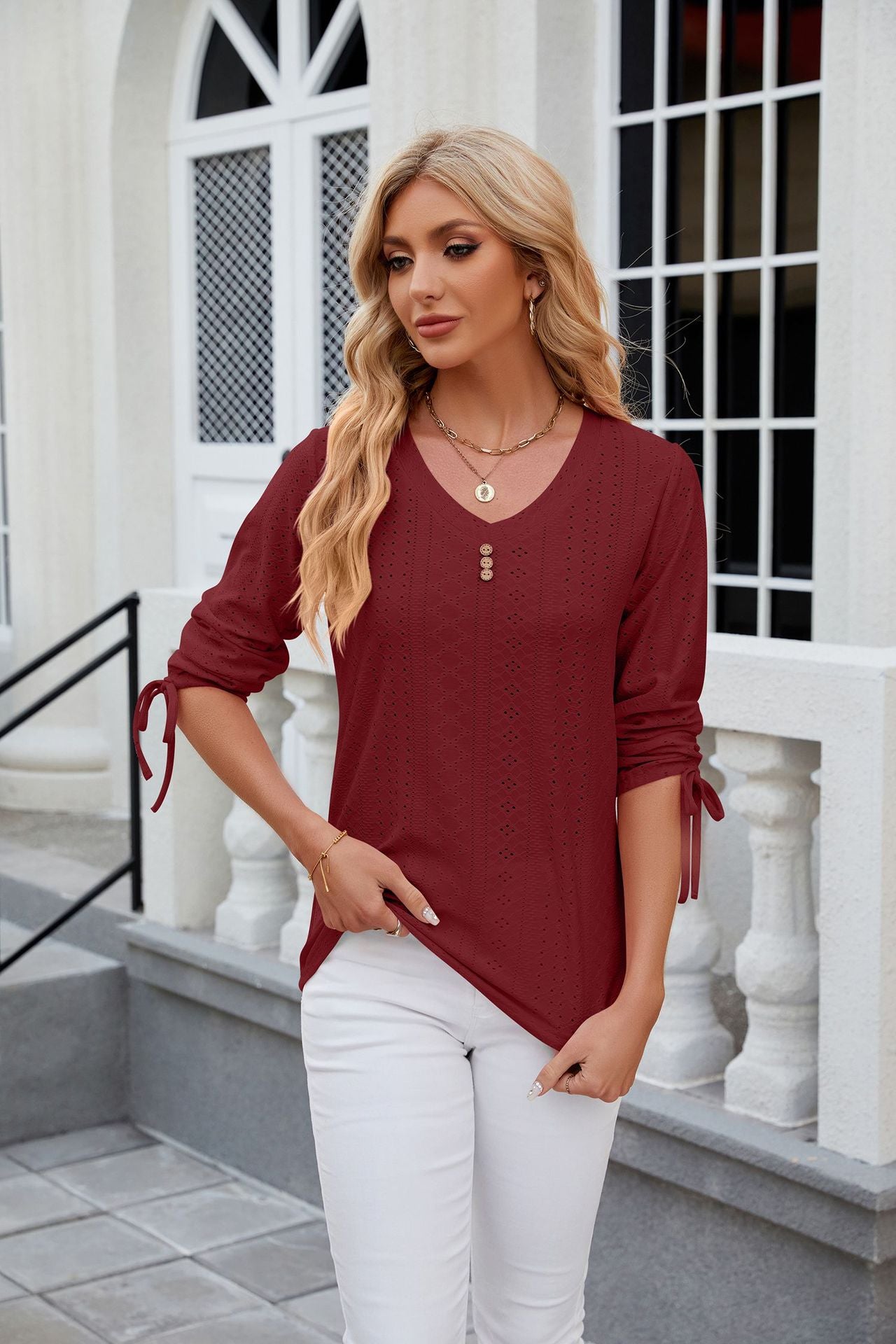 Button V-Neck Solid Colour Half Sleeve Women’s Shirt