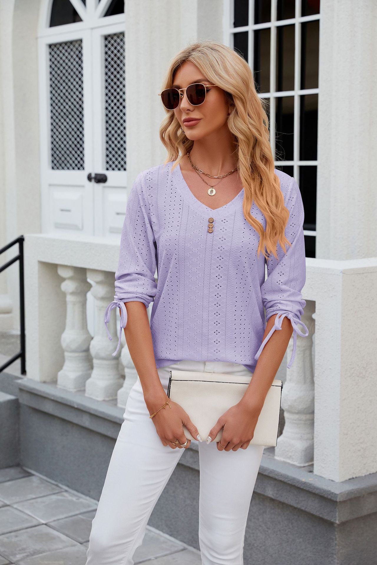 Button V-Neck Solid Colour Half Sleeve Women’s Shirt