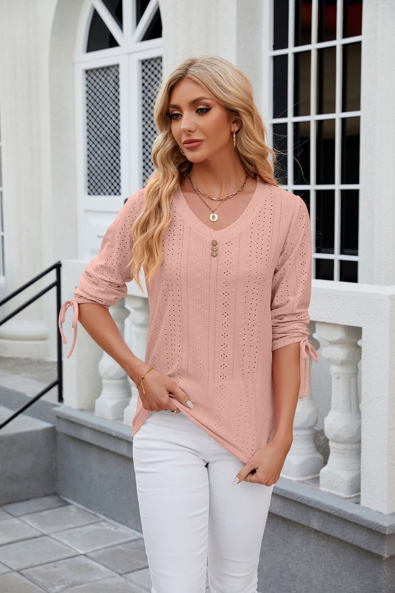 Button V-Neck Solid Colour Half Sleeve Women’s Shirt