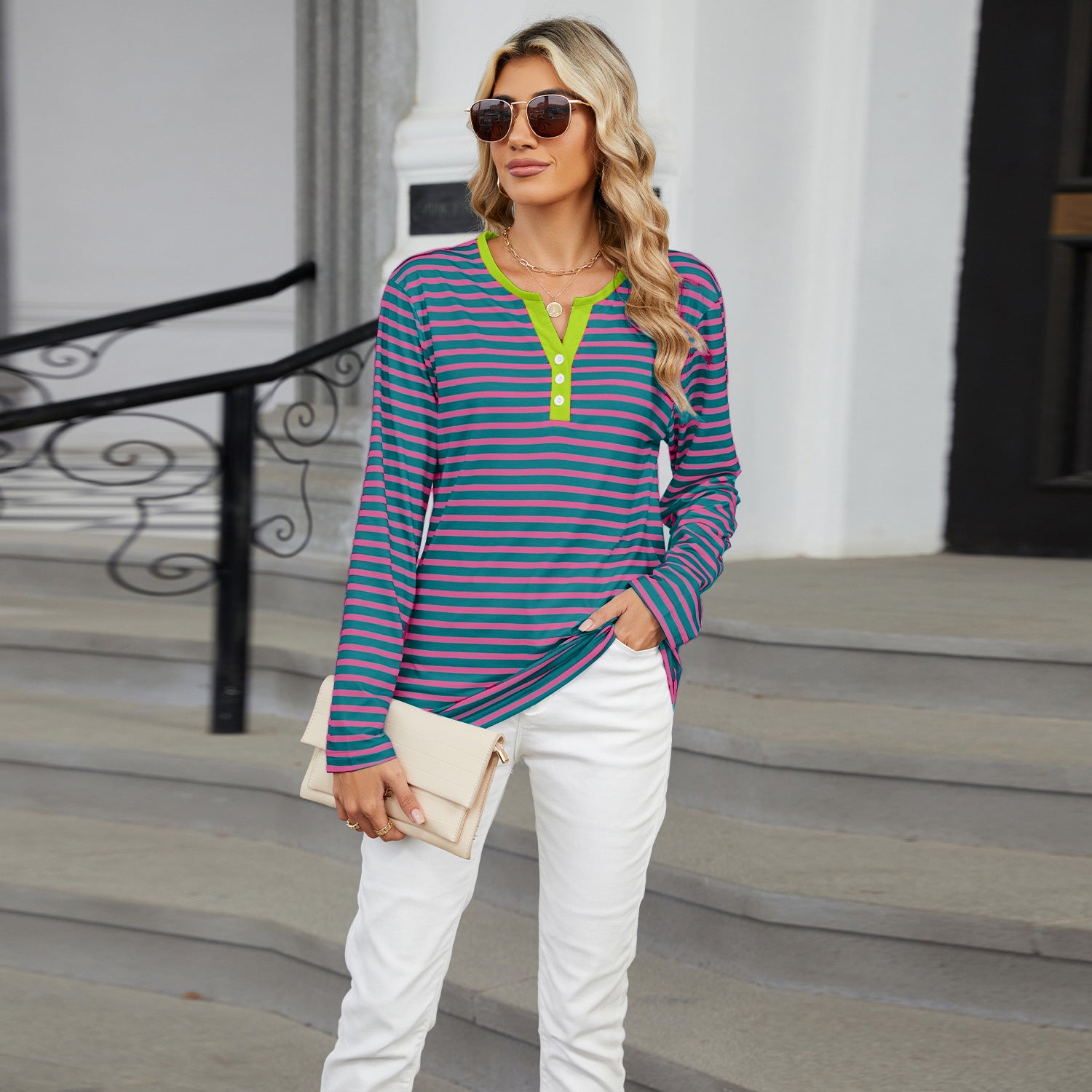 Women's V-Neck Striped Long Sleeve Shirt