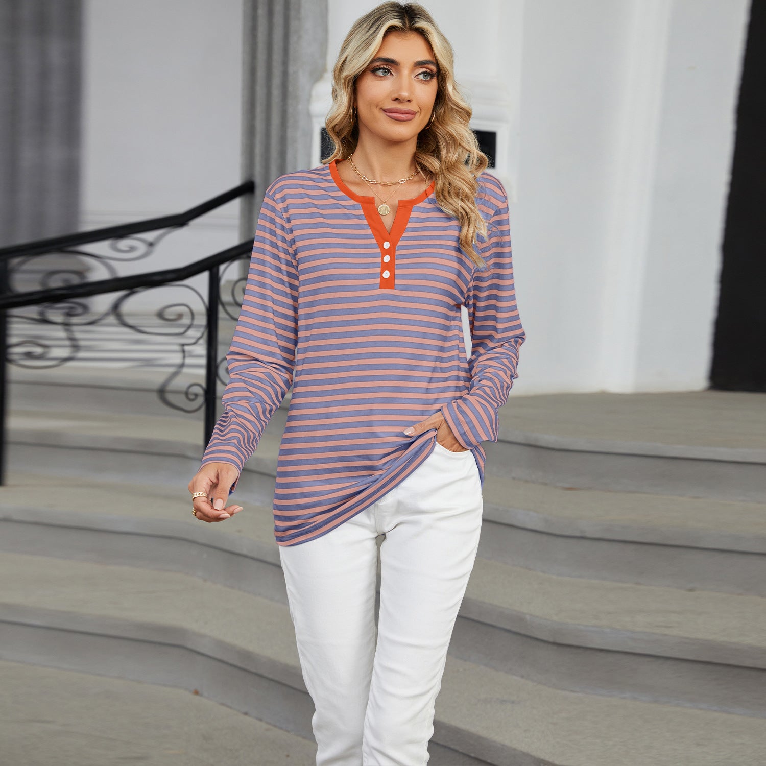 Women's V-Neck Striped Long Sleeve Shirt