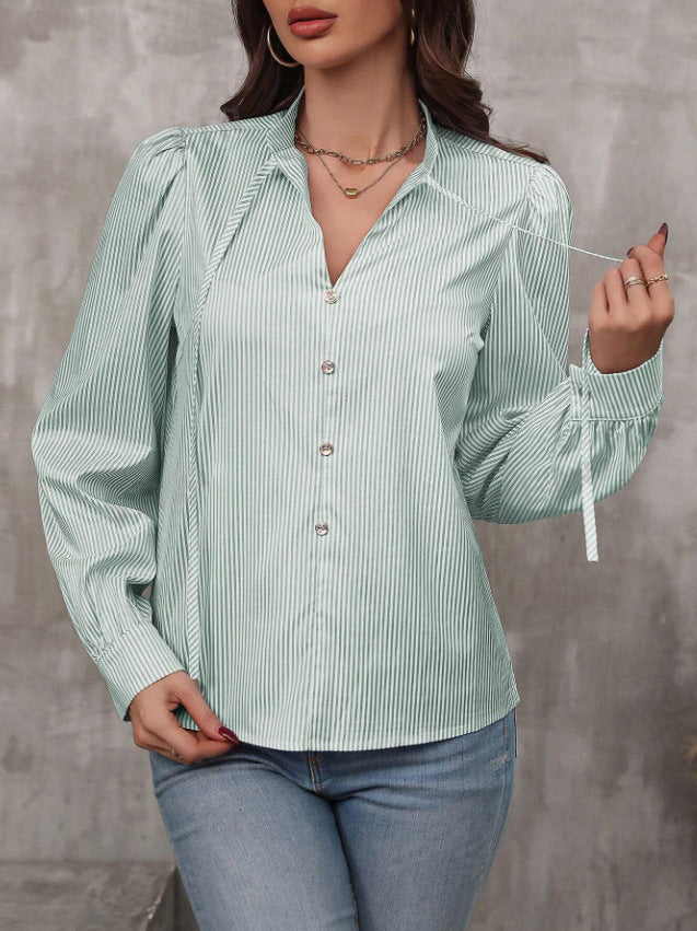 Women's V-Neck Striped Long Sleeve Blouse