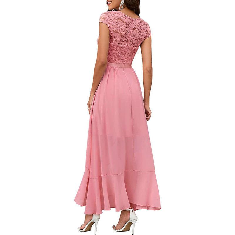 Women’s V-Neck Short Sleeve Formal Dress with Lace Bodice