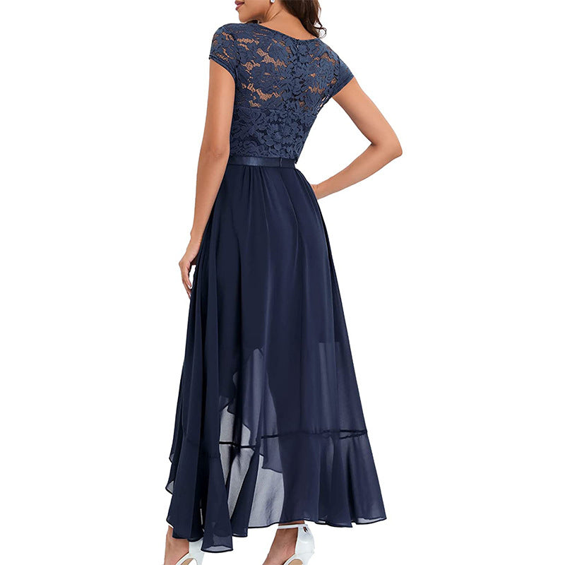 Women’s V-Neck Short Sleeve Formal Dress with Lace Bodice