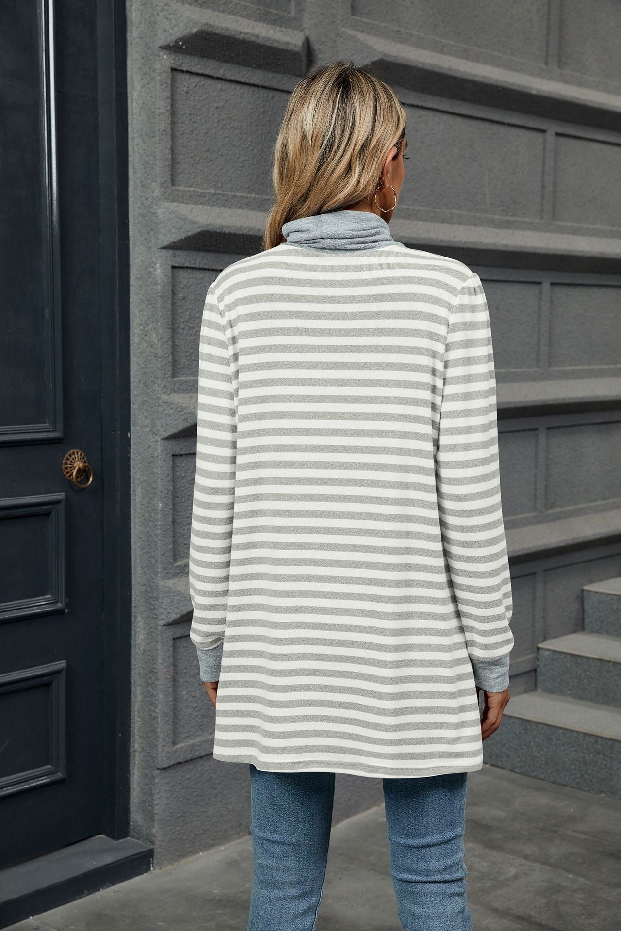 Women’s Turtleneck Striped Long Sleeve Shirt with Pockets