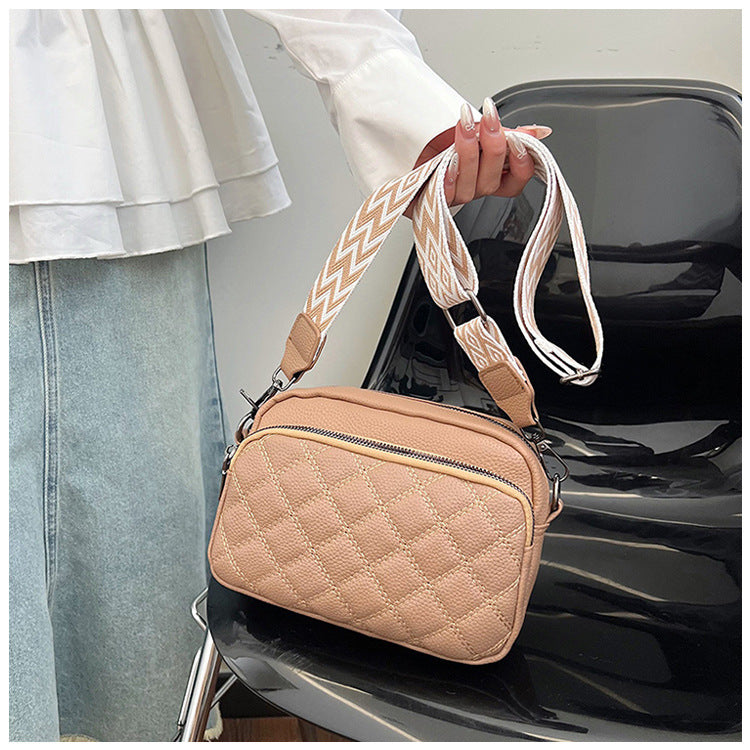 Diamond Pattern Soft PU Leather Shoulder Bag with Geometric Strap