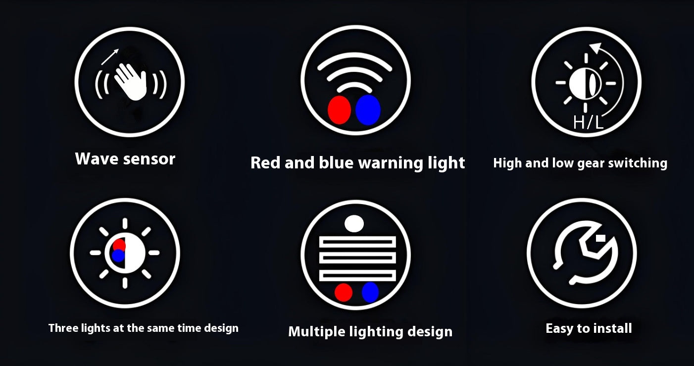 Icons showcasing features of the Knit Toque with Light, including wave sensor, red and blue warning light, high and low gear switching, three-light design, multiple lighting, and easy installation.