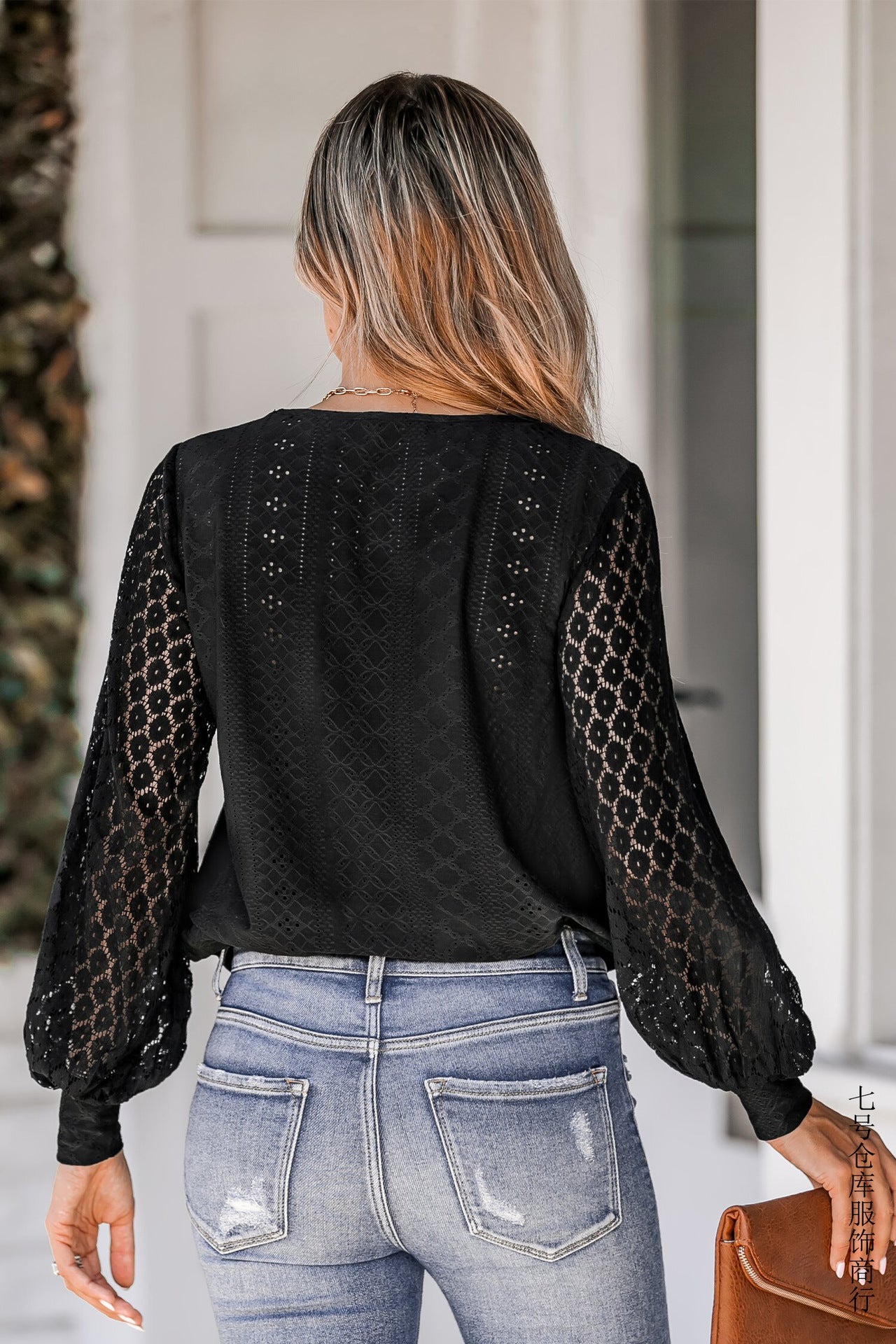 Women’s V-Neck Blouse with Long Lace Sleeves