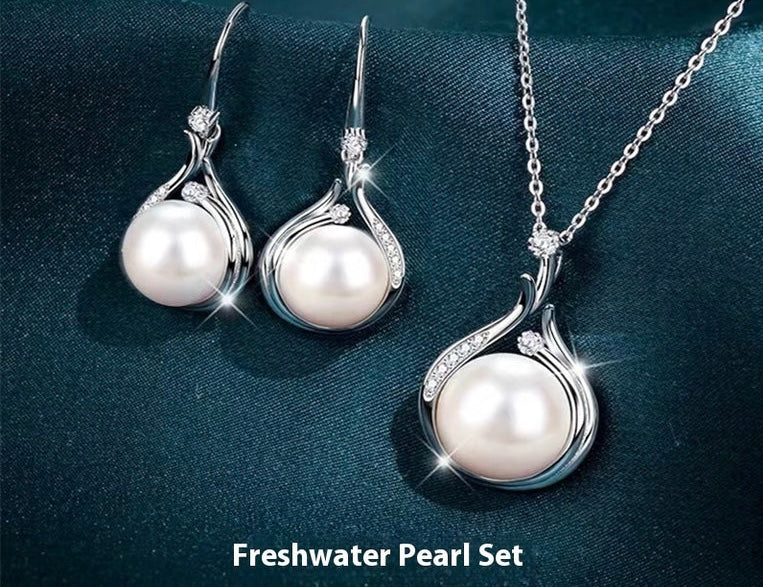 Women's Silver Freshwater Pearl Earrings and Necklace Set