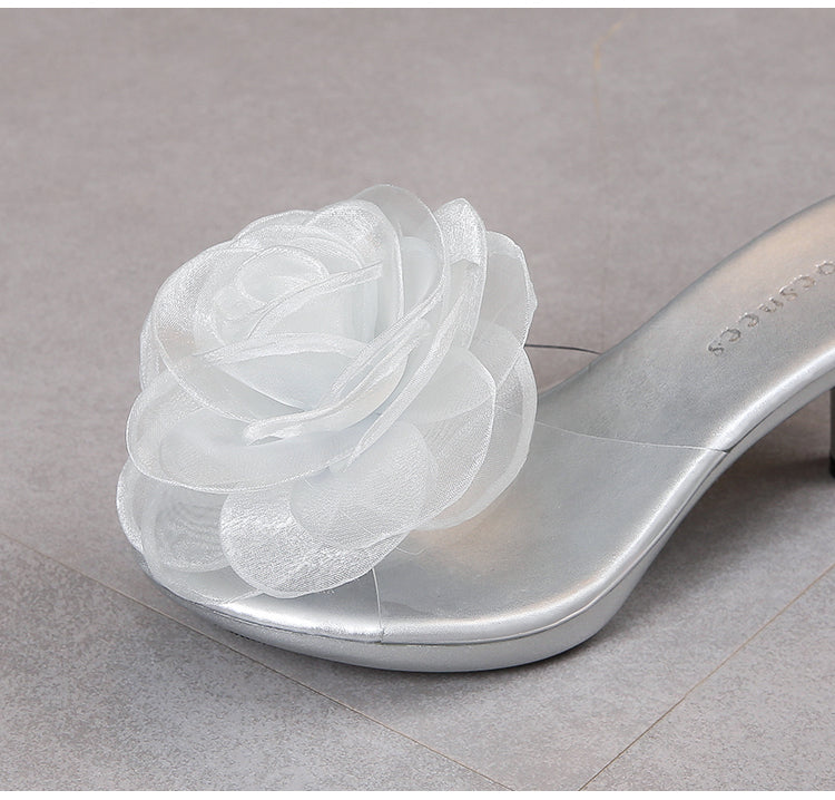 Transparent Slippers with Flower and Short Stiletto Heel