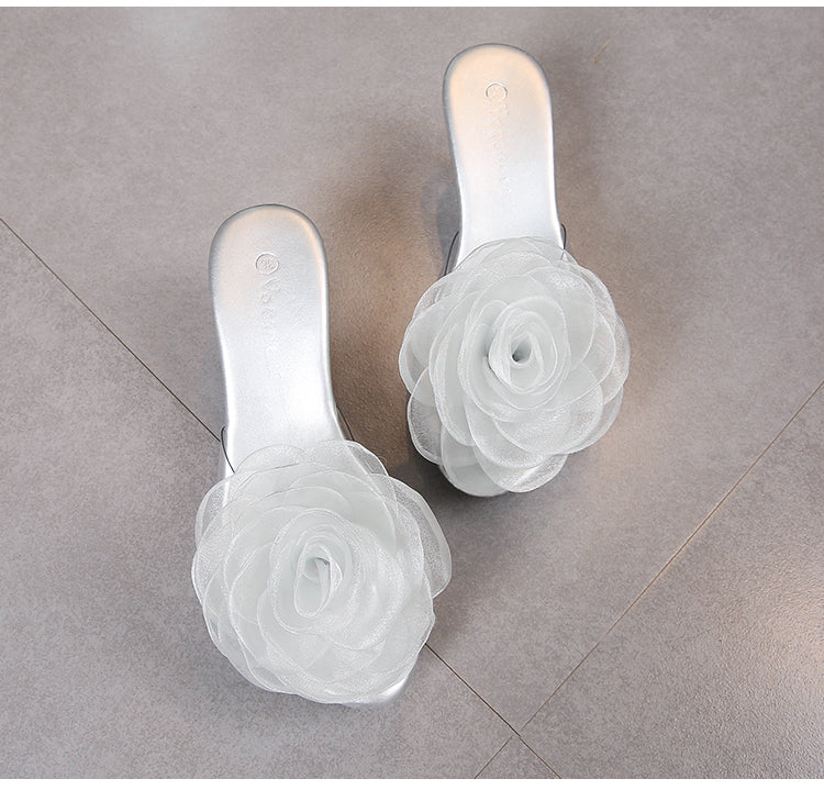 Transparent Slippers with Flower and Short Stiletto Heel