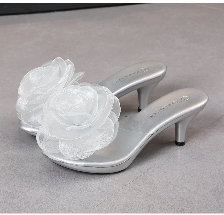 Transparent Slippers with Flower and Short Stiletto Heel