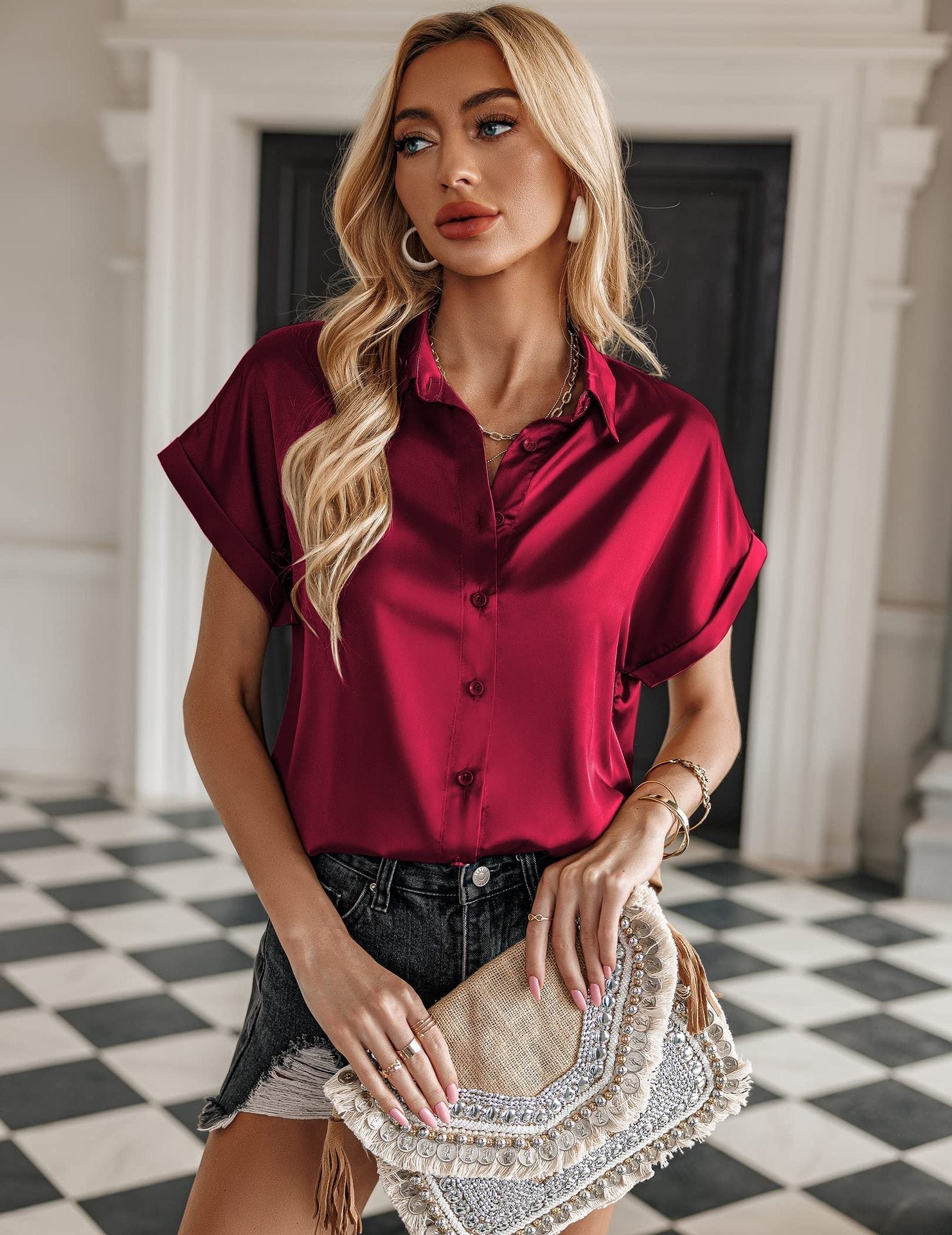 Women’s Button-Up Short Sleeve Blouse with Lapel