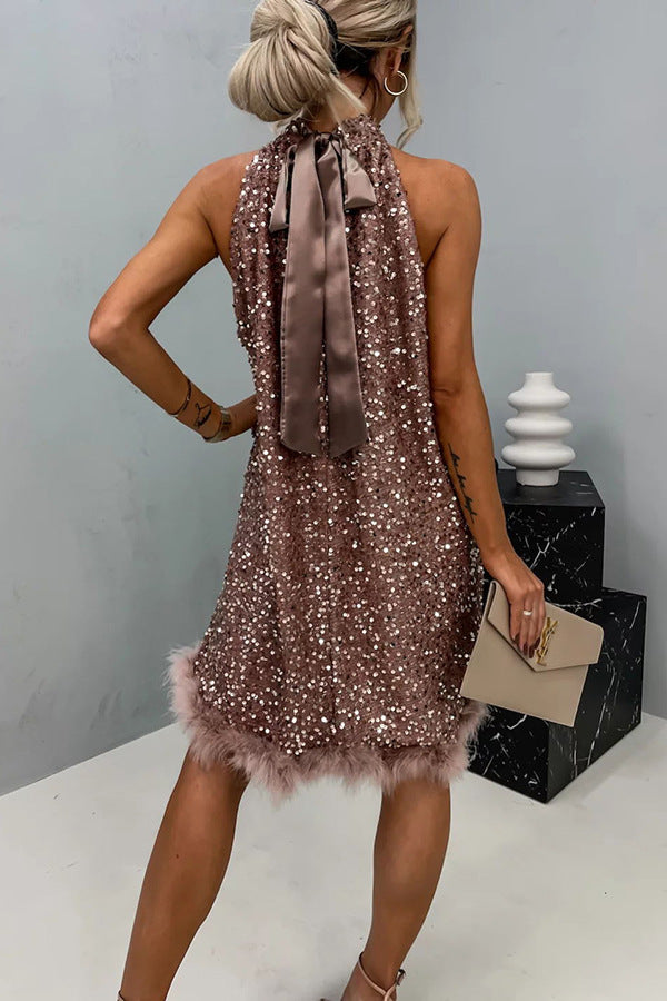 Halter Neck Short Sequin Dress with Faux Fur Hem