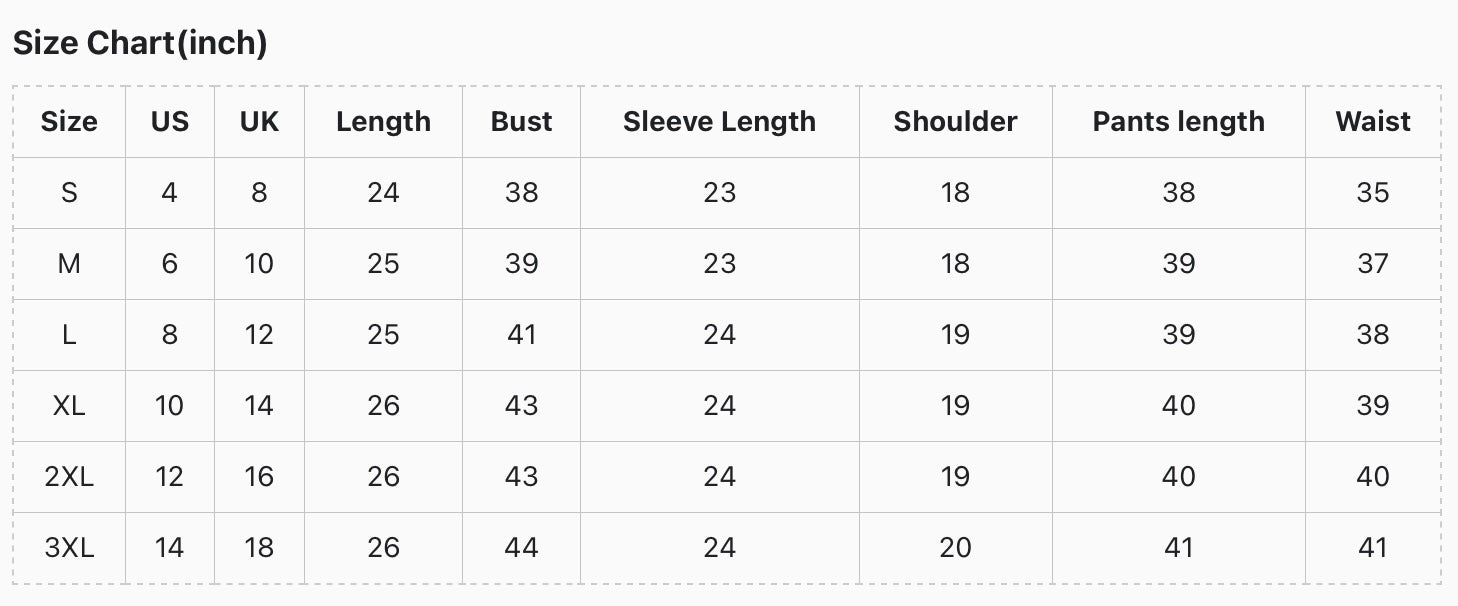 Size chart for women's long sleeve top with legging lounge set, available in sizes S to 3XL.