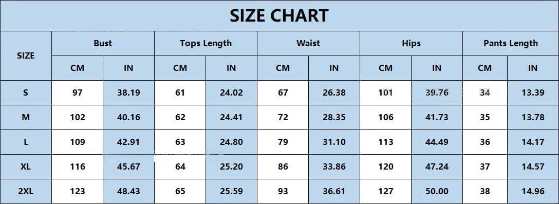 Size chart for V-Neck Short Sleeve Shirt with Matching Shorts Set, available in sizes S to 2XL, displaying bust, tops length, waist, hips, and pants length in CM and IN.