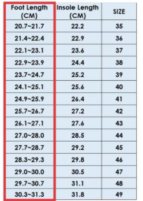 Size chart for Unisex Breathable Mesh Outdoor Hiking Shoes, displaying foot length, insole length, and shoe size conversion.