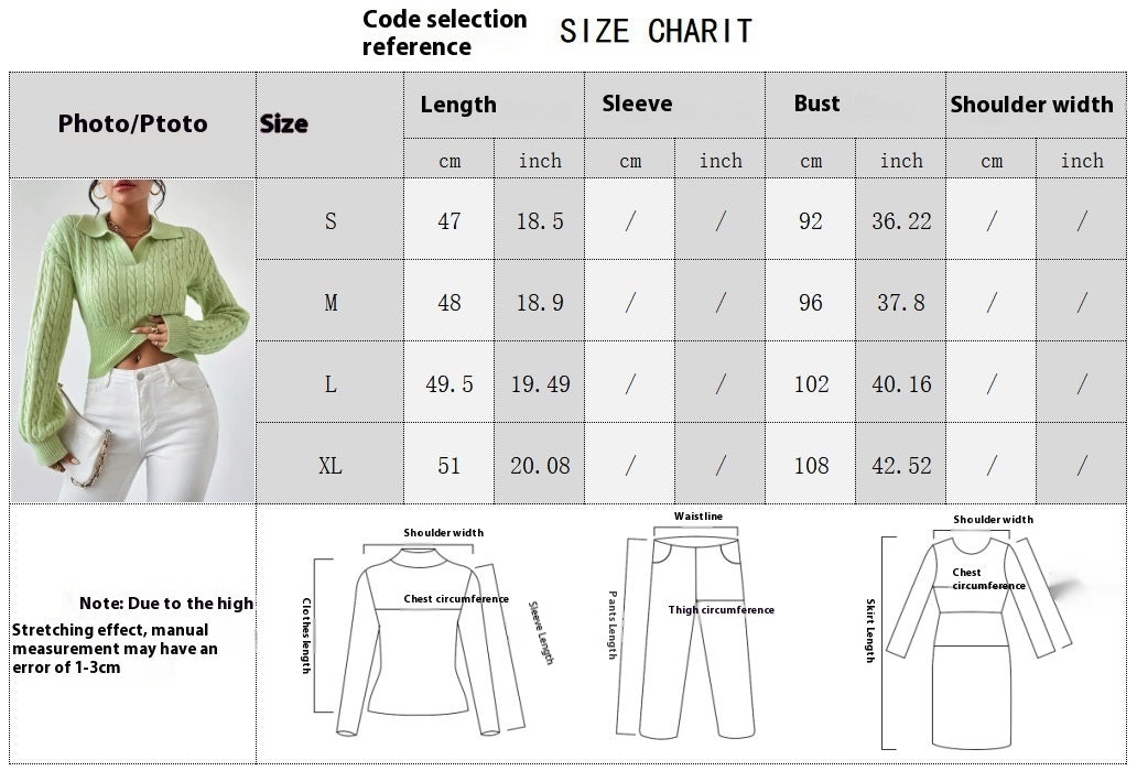 Size chart for Solid Colour V-Neck Cropped Sweater with Lapel, available in light green, detailing measurements for sizes S-XL.