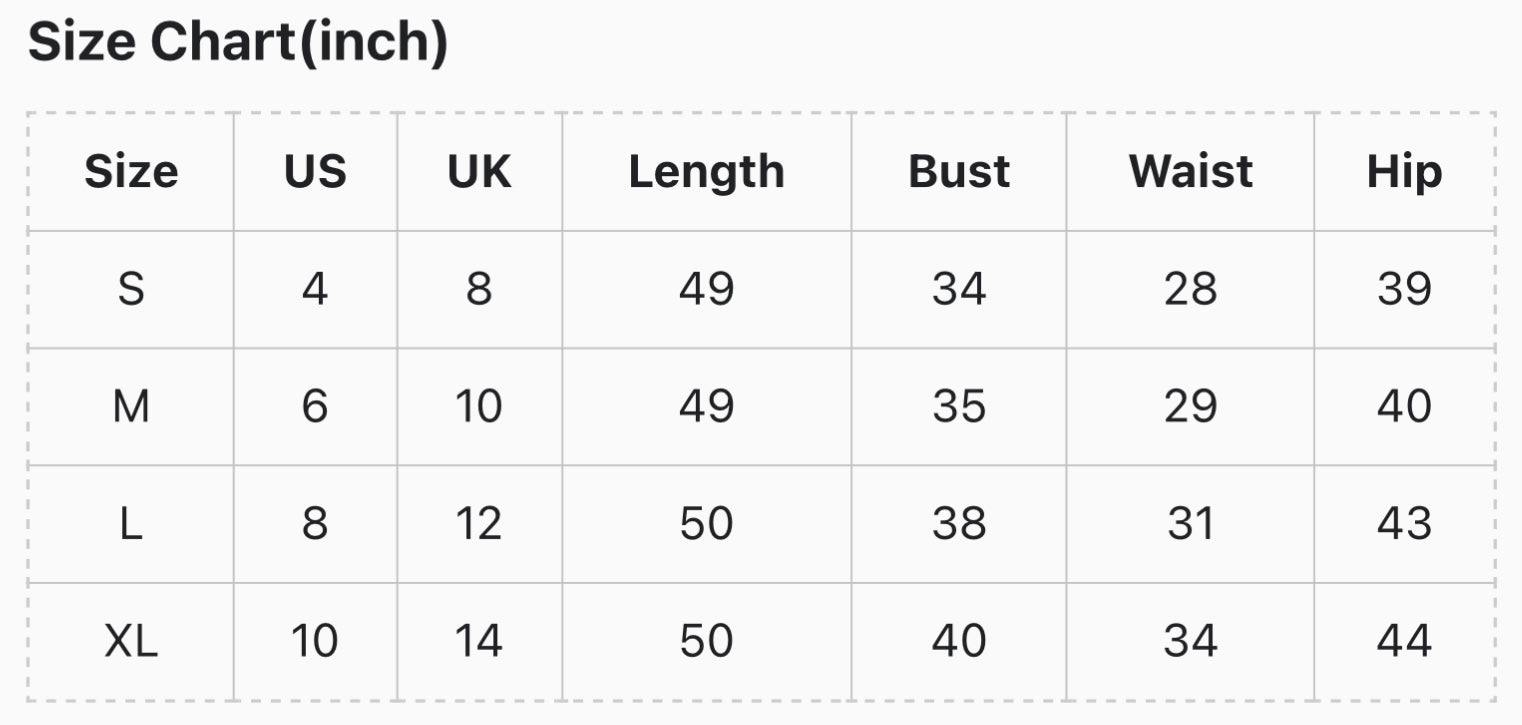 Size chart for Sleeveless Halter Neck Midi Dress, showing US and UK sizes, with measurements for length, bust, waist, and hip.