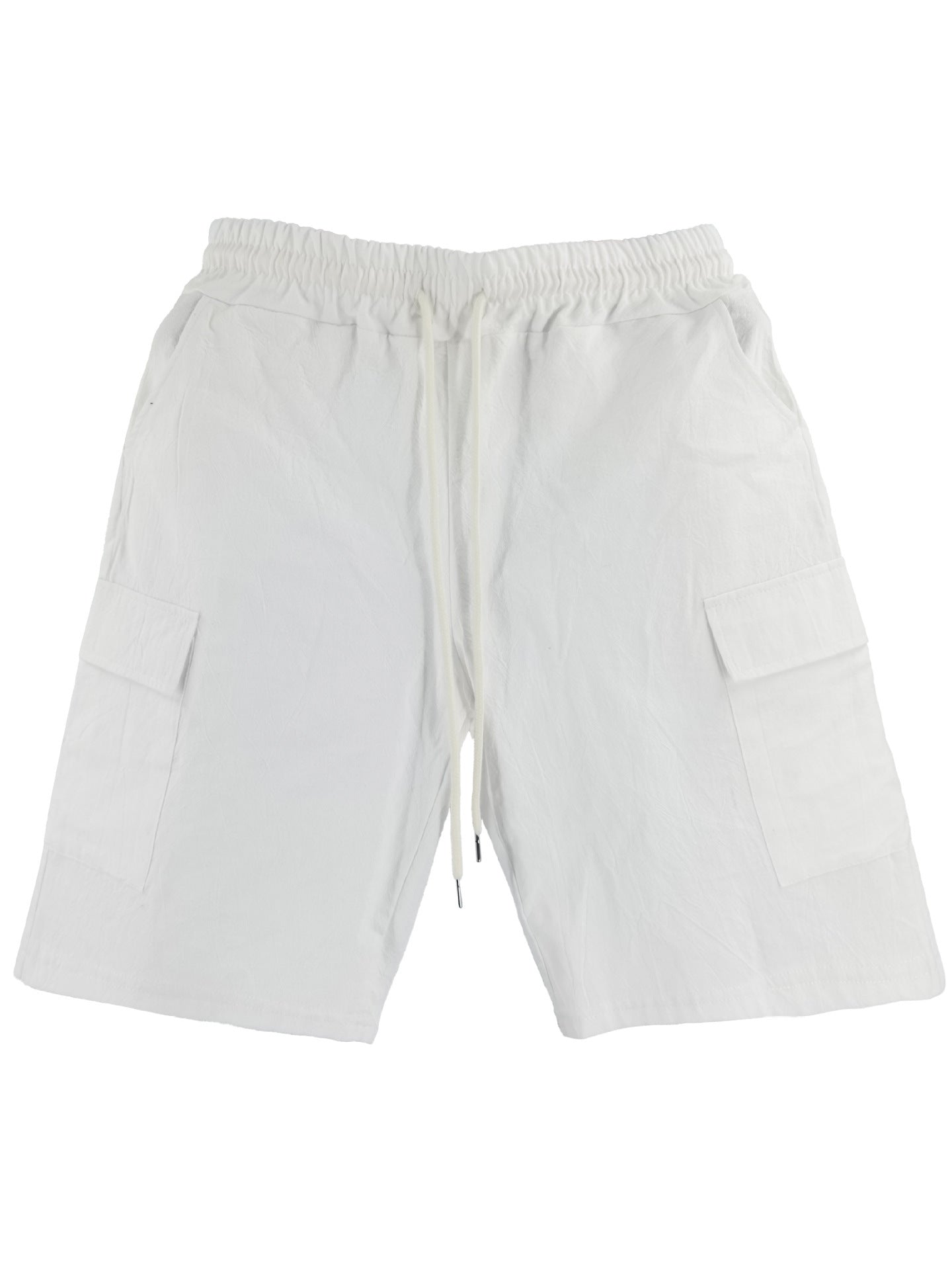 Men's solid color linen shorts with elastic waist and drawstring.