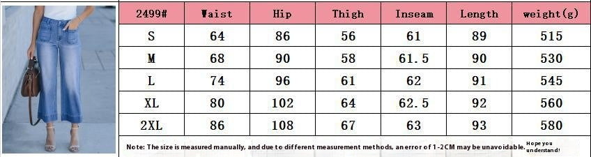 Wide leg cropped pants in denim with size chart showing measurements and weights.