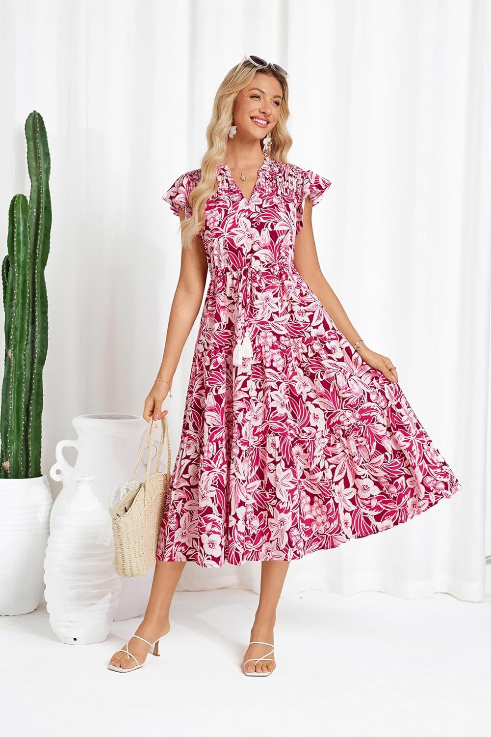 A-Line Short Sleeve Floral Midi Dress