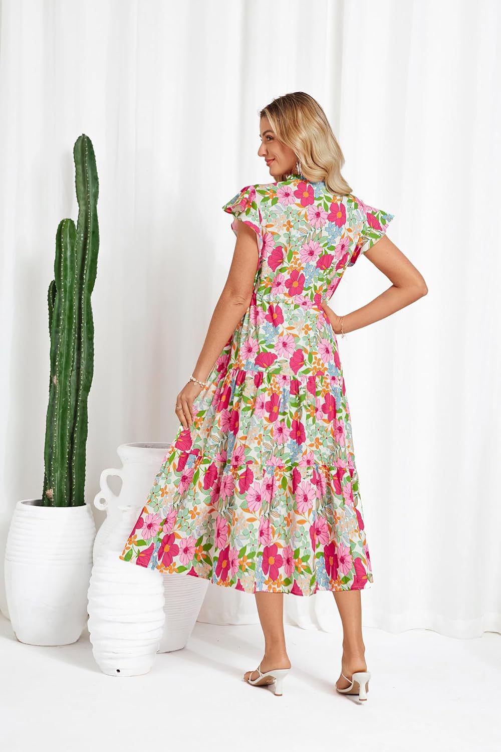 A-Line Short Sleeve Floral Midi Dress