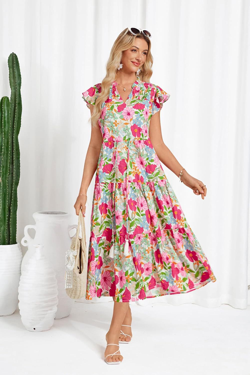 A-Line Short Sleeve Floral Midi Dress