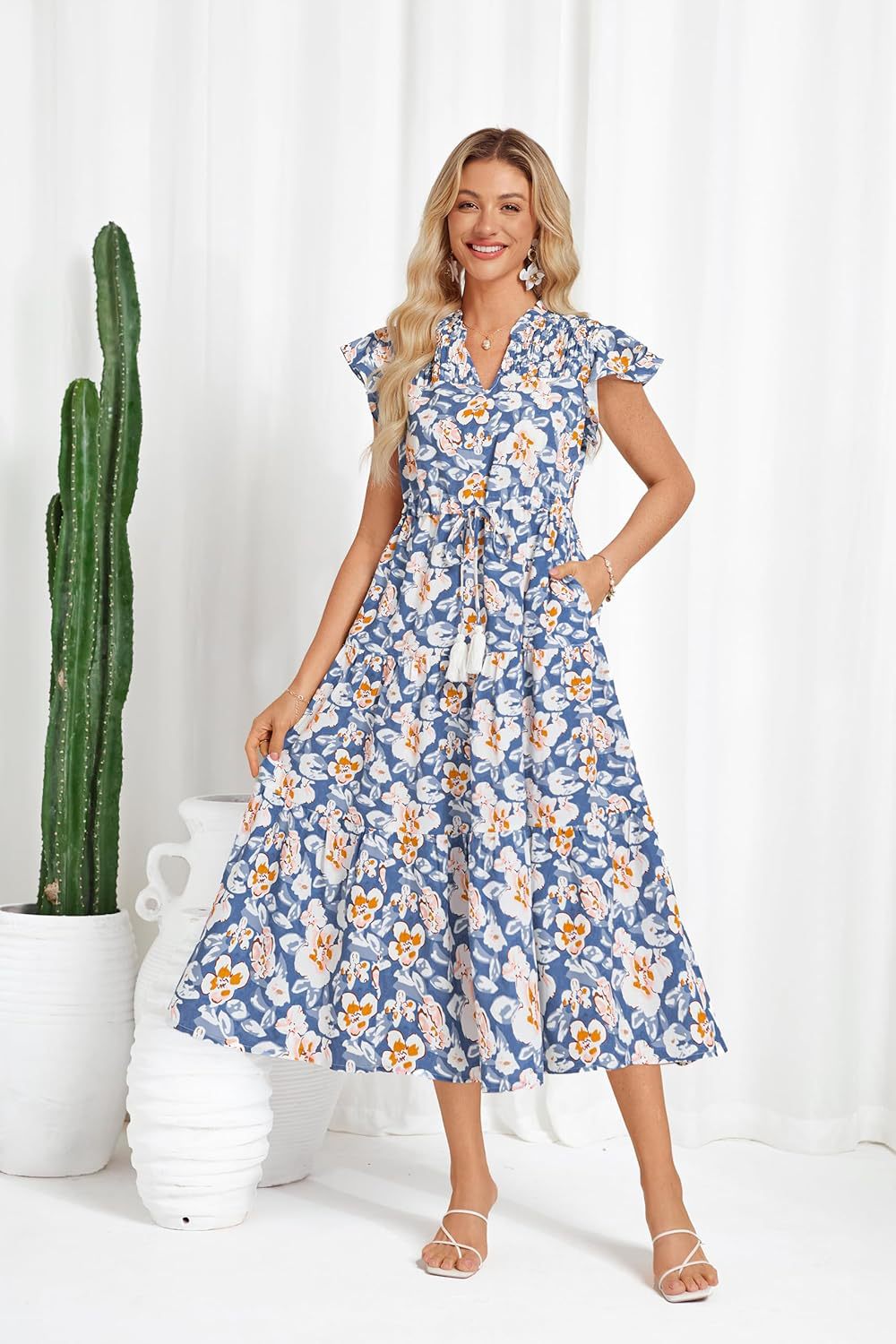 A-Line Short Sleeve Floral Midi Dress