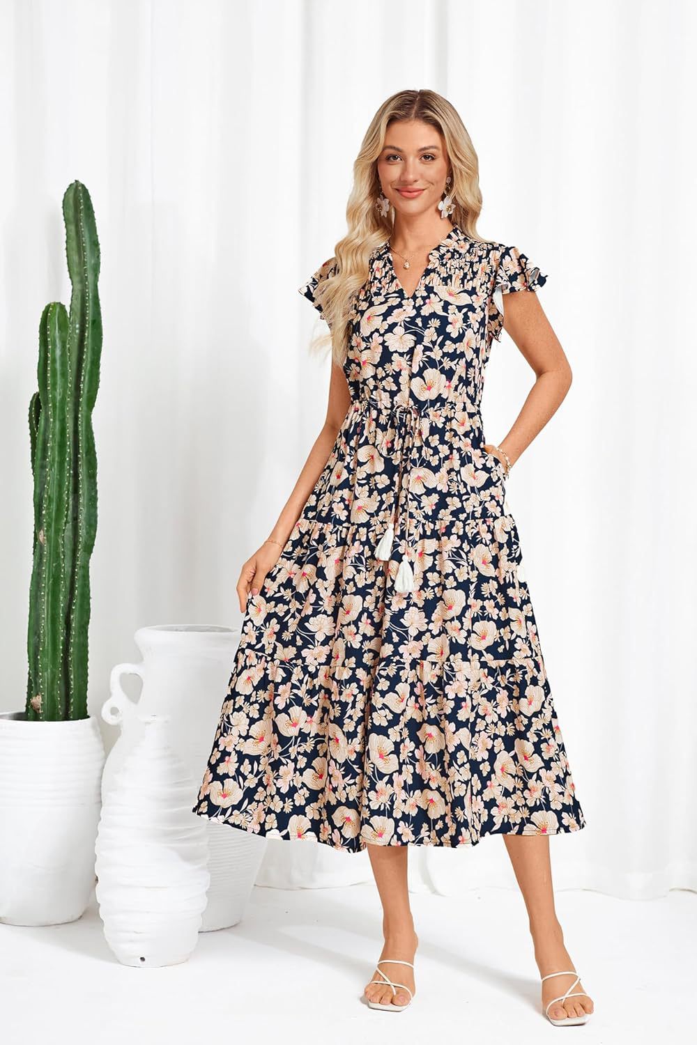 A-Line Short Sleeve Floral Midi Dress