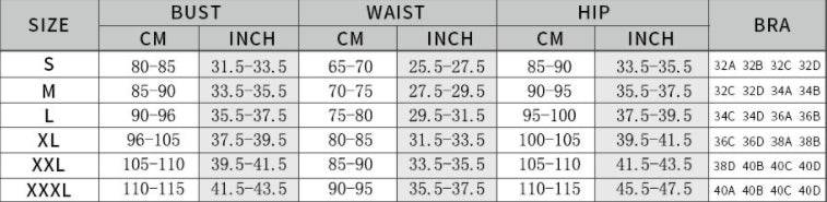 Size chart for the Criss-Cross One Piece Swimsuit with Cut-Out, detailing measurements for bust, waist, hip, and bra sizes in centimeters and inches.