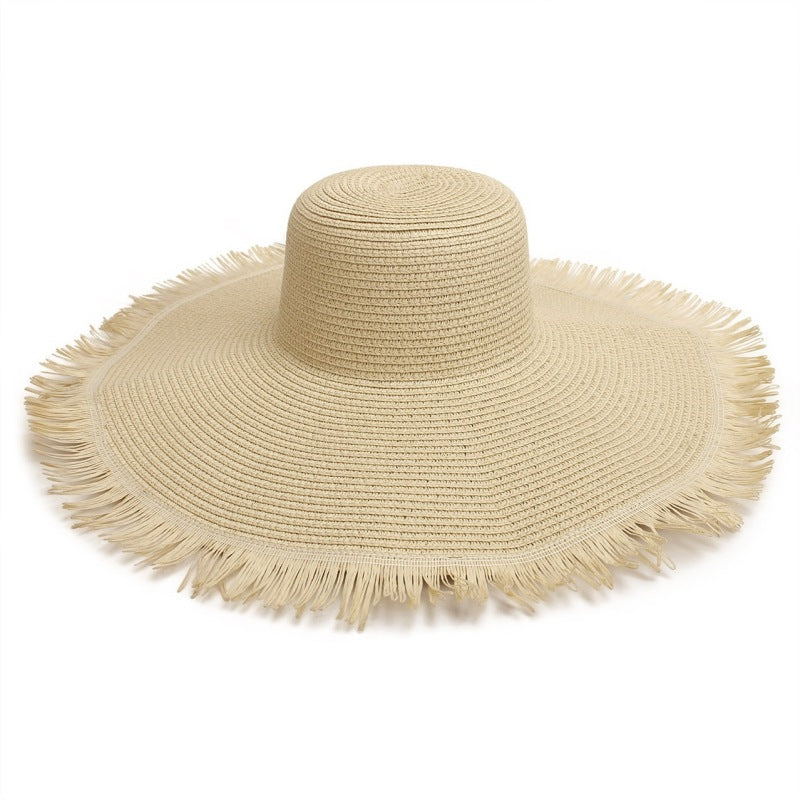 Women’s Large Brim Straw Beach Hat with Fringe in 4 Colors