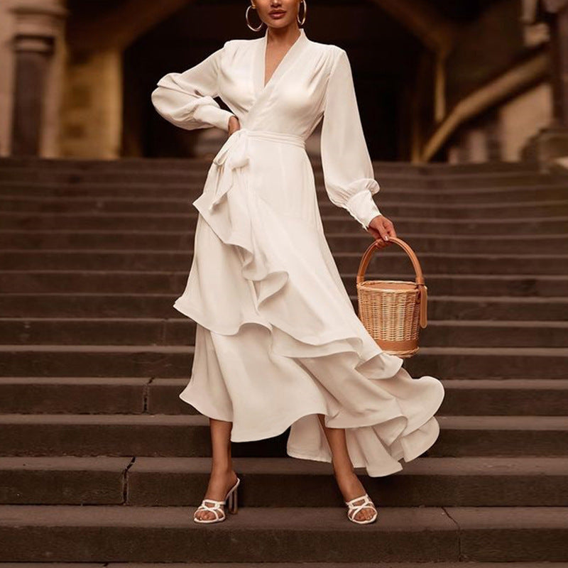 Women's Elegant White Satin V-Neck Prom Dress Long Sleeve Layered Ru | Wazzi's Wear Women's Elegant White Satin V-Neck Prom Dress Long Sleeve Layered Ru | Wazzi's Wear